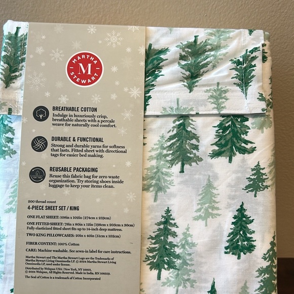 Martha Stewart Christmas Evergreen Trees King Sheet Set 4pc 200Thread Count - Picture 2 of 3